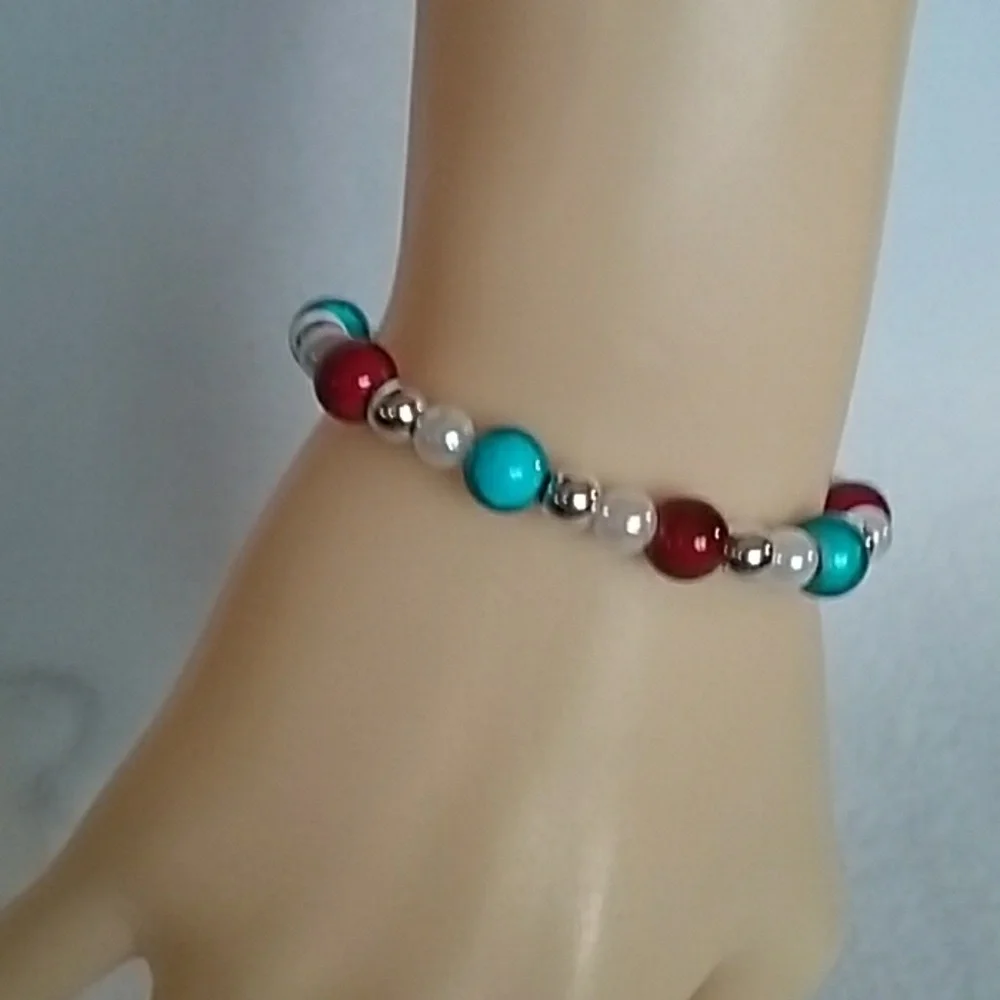 Red, white, blue, and silver beaded stretch bracelet